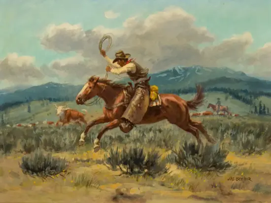 Cowboy on a galloping horse roping a lariat in a western prairie with cattle and distant mountains; bright blue sky and scattered clouds