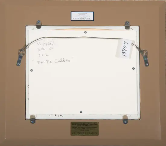 Back of a brown frame with a white backing, showing metal hanging hardware and a handwritten label: "For The Children" (oil, 10 x 12).