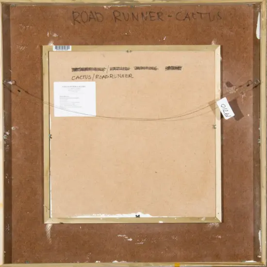Back of framed canvas with a brown board, hanging wire, labels, and handwritten title 'ROAD RUNNER - CACTUS' at the top.