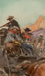 A group of cowboys in hats work together, pulling ropes around a rugged wagon in a rocky western landscape with mountains in the background.