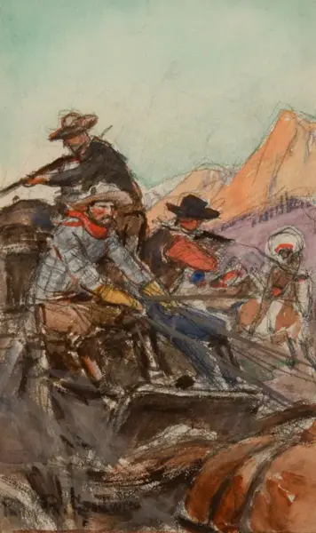 A group of cowboys in hats work together, pulling ropes around a rugged wagon in a rocky western landscape with mountains in the background.