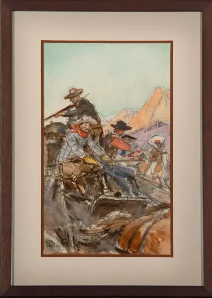 Impressionistic painting of cowboys on horseback crossing a rocky hillside under a pale blue sky, framed in a wooden border.