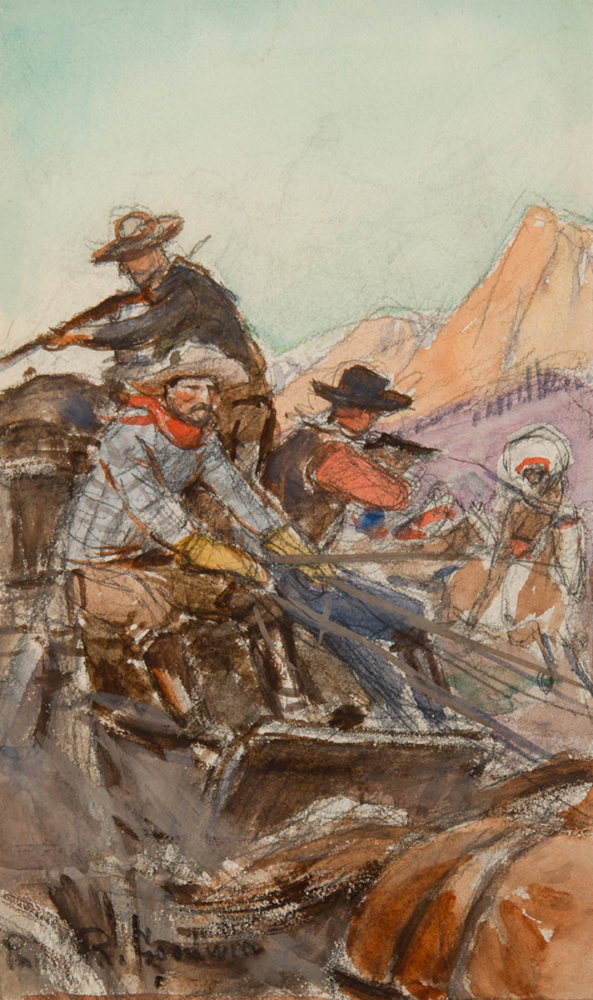 Group of miners with wide-brimmed hats working with picks in a rocky quarry against orange hills in a rugged landscape.