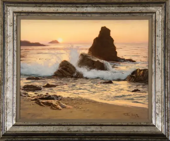 Sunset seascape painting of waves crashing against tall sea rocks, framed in a weathered silver frame.