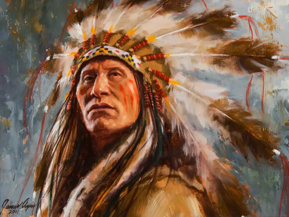 Impressionistic portrait of a Native American man wearing a feather headdress, looking upward with a calm, dignified expression.