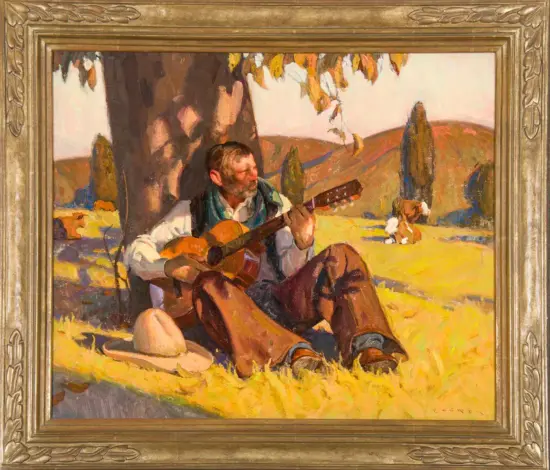Man sitting on yellow grass under a tree, playing a guitar; hat rests nearby in a sunlit countryside scene (oil painting).