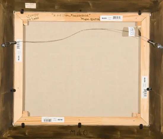 Back of a stretched canvas on a wooden frame with a metal hanging wire across; several labels and barcode stickers from Blick and others are visible.