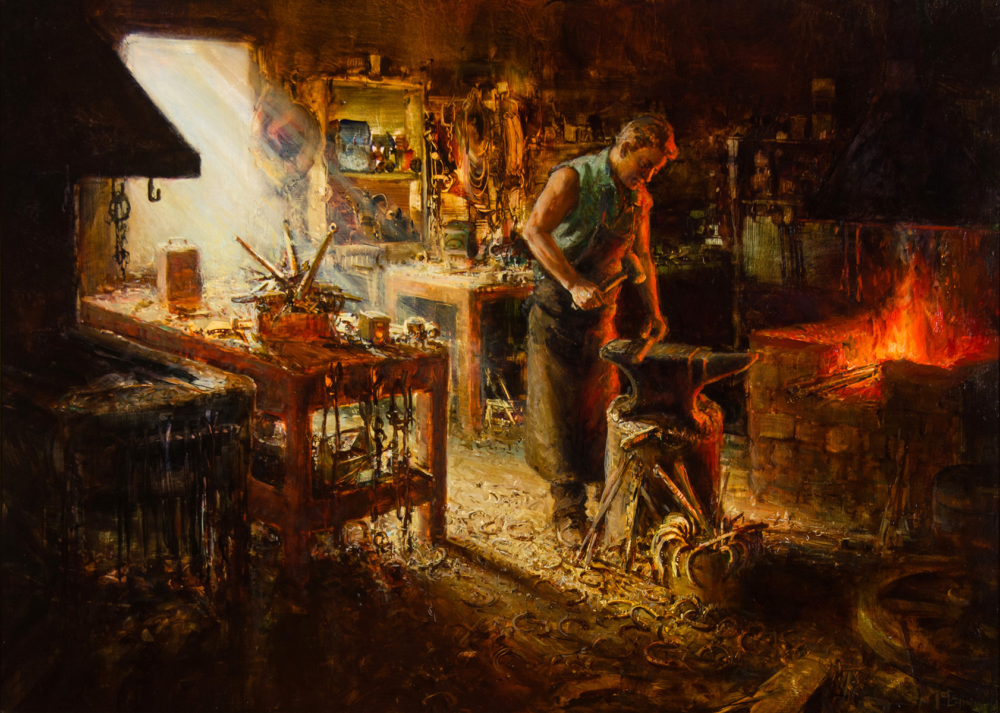 Blacksmith at an anvil hammering a hot piece near a glowing forge and workbench filled with tools.