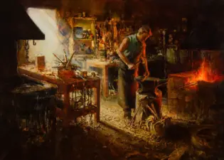 Blacksmith at an anvil in a dim forge, hammering red-hot metal with a bright furnace glow to the right.