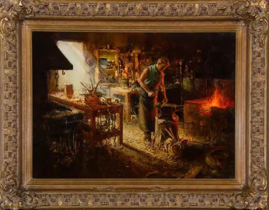 Oil painting of a blacksmith hammering heated metal at a bright forge in a cluttered workshop.