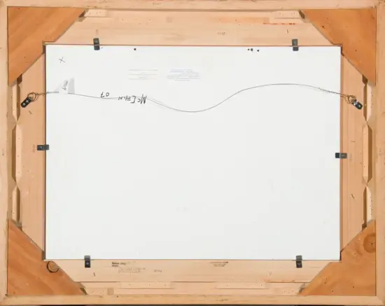 Back of a framed canvas showing a wire hanger across the back, metal clamps, and handwritten notes on the wooden frame.