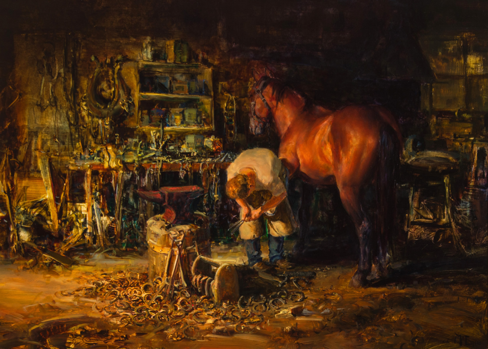 A blacksmith shop scene with a man bending over work near a brown horse in a dim, cluttered workspace filled with tools and shelves.
