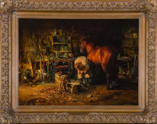 Interior of a dim workshop with a blacksmith, horse to the right, and scattered tools on the floor; a man leans over near a bucket and forge site.