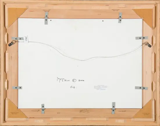 Back of a framed canvas painting, showing a hanging wire, metal clamps, corner braces, and handwritten numbers on the back of the frame; label near the bottom edge.