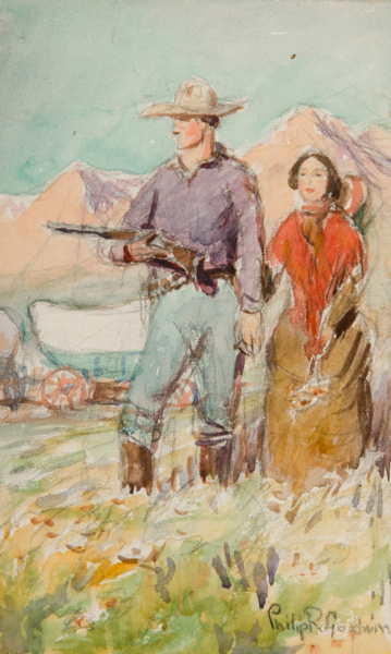 Watercolor painting of a man with a wide-brim hat and a rifle beside a woman in a red dress, with pastel mountains in the background.