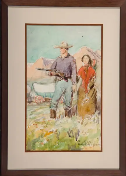 Framed watercolor showing a man with a wide-brimmed hat and a woman in red walking in a sunlit, mountainous landscape.