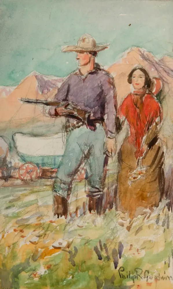 Watercolor scene of a man in a wide-brimmed hat and a long gun beside a woman in a red shawl on a horse, with pastel mountains in the background.