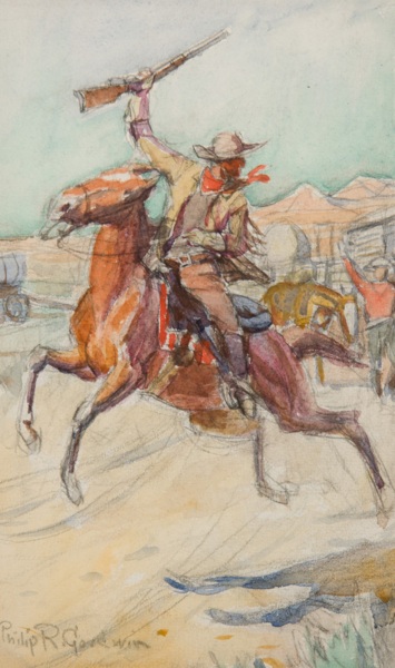 Cowboy on a bucking horse raises a rifle, with another rider beside him in a dusty western town scene.