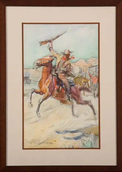 Cowboy on a brown horse raising a rifle above his head in a desert town scene, wearing hat and red scarf.