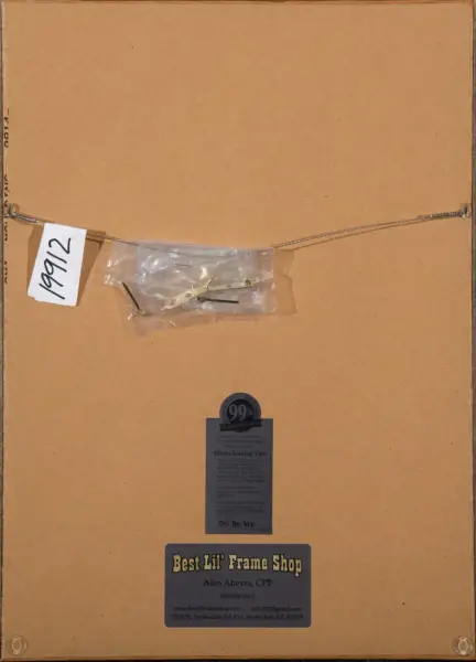 Back of a framed piece showing the hanging wire, hardware bag, and a small label with 'Best Lil’ Frame Shop' on a cardboard backing.