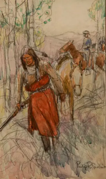 Woman in a red dress walks along a forest path, rifle in hand, with riders on horses behind her.