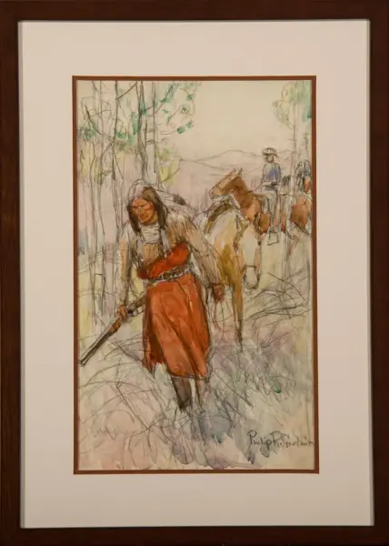 Woman in a red dress holding a sword walks beside a brown horse on a forest path, with a rider in the background.