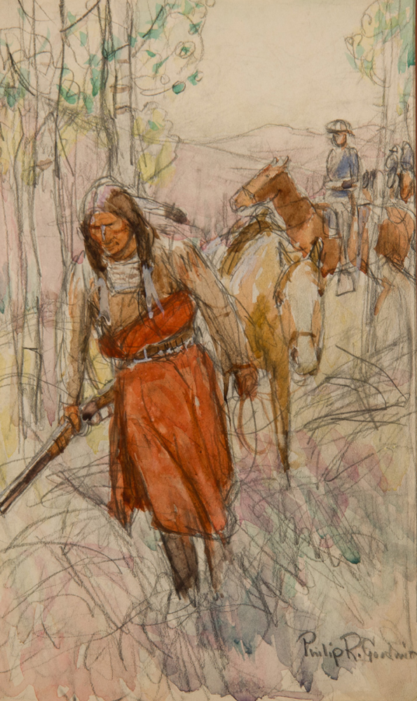 Sketch of a woman in a red dress walking with a rifle along a forest path, with a horse and rider in the background.