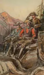 Three men wearing hats and vests sit on a wooden railing along a rocky canyon, resting together as if taking in the rugged landscape.
