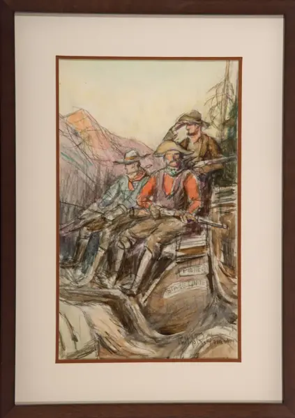 Framed drawing of three frontier men in wide-brim hats and bandanas, leaning on a wooden railing in a rocky canyon with mountains in the background.