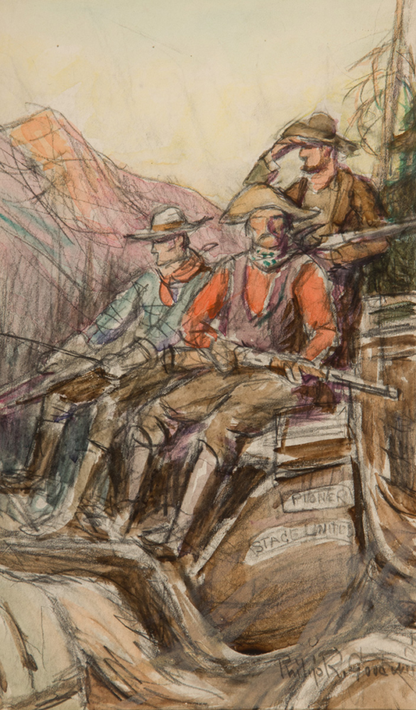Three cowboys in hats on a wagon, one aiming a rifle, set in a rugged canyon landscape with crates nearby.
