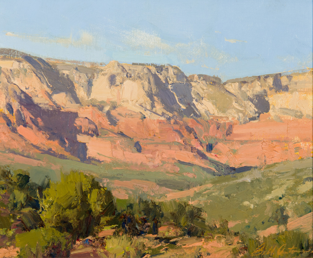 Impressionist desert canyon with layered pink and orange cliffs under a blue sky, foreground green shrubs. (informative landscape)