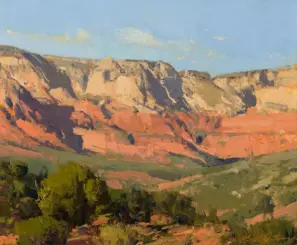 Impressionist landscape of red cliffs, green shrubs, and a blue sky.