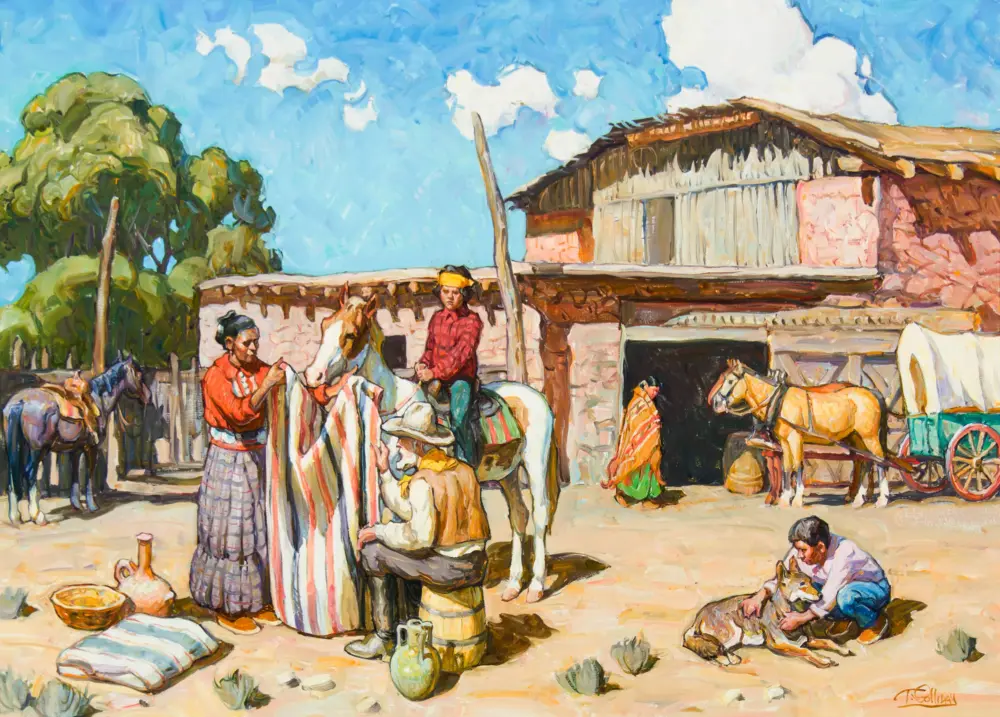 A lively outdoor market scene with people in traditional clothing beside a thatched building under a bright blue sky.