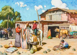 A lively outdoor market scene with people in traditional clothing beside a thatched building under a bright blue sky.