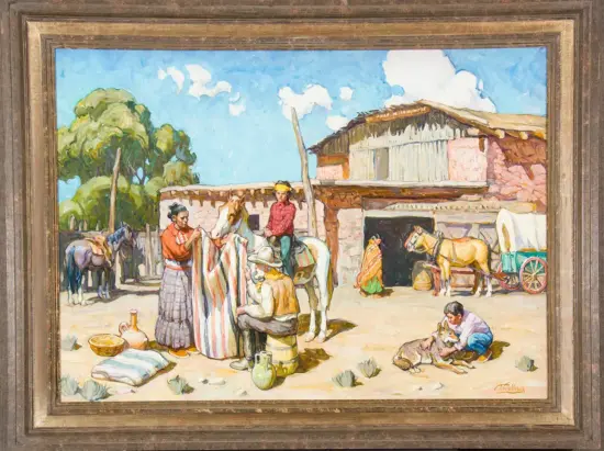 Village scene with people weaving striped cloth as horses and a cart stand outside adobe buildings.