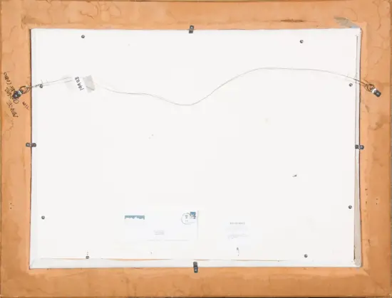 Back of a framed painting: orange-brown wooden frame with a white canvas, wire hanging hardware, screws, and several labels stuck near the bottom.