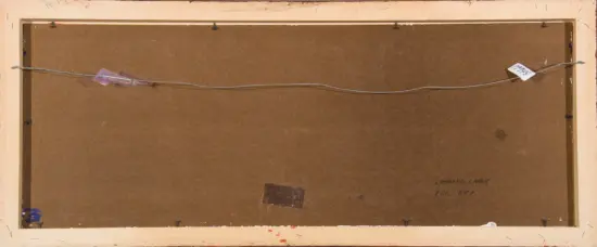 Back of a framed artwork showing hanging wire across a brown backing with tags attached to the wire.