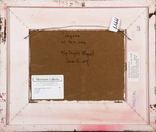 Back of a framed painting with a brown cardboard backing; handwritten title 'Laguna', oil 9x12, 2006, by Ken Douglas Wiggins, Santa Fe, NM; Altermann Galleries label and other tags attached.