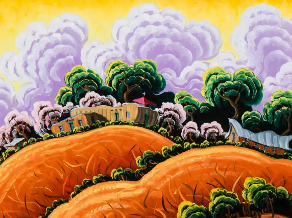 Vibrant abstract landscape with orange rolling hills, green trees, and a small red-roofed hut under a yellow sky with purple clouds.