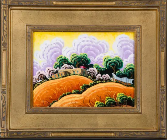 Colorful landscape painting of orange rolling hills, green trees, and a bright yellow sky with purple clouds, in a gold ornate frame.