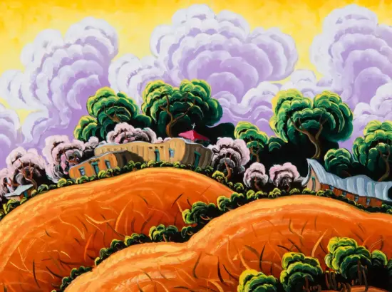 Vibrant abstract landscape with orange rolling hills, green trees, and a small red-roofed hut under a yellow sky with purple clouds.