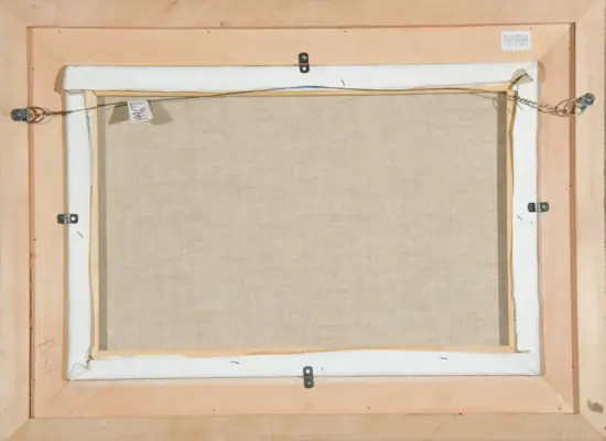 Back of a stretched canvas painting: light wood frame, white canvas margins, and metal hanging hardware along the sides and top/bottom edge nearby.