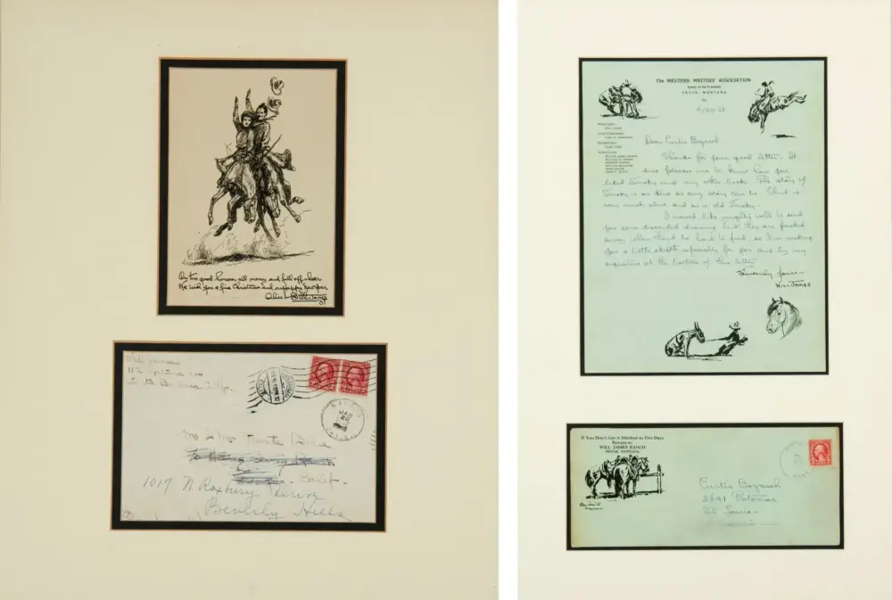 Two framed pieces on a beige wall: left is a black-and-white sketch of riders on a horse; right is a handwritten letter with horse drawings and a letterhead.