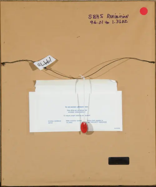 Back of a framed piece: string-tied white envelopes attached to brown board with a red circular sticker and handwritten notes in the top right corner.