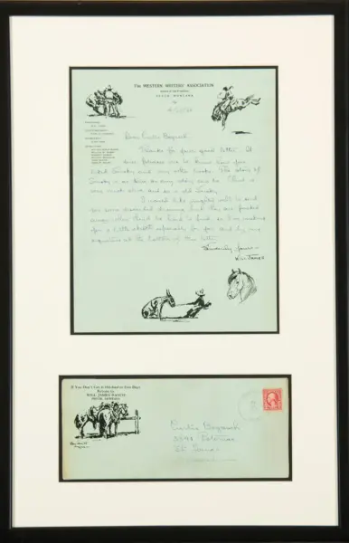 Framed display of a light-blue handwritten letter with horse sketches along the margins and a titled header from The Western Writers' Association (top) and another page beneath it in the frame.