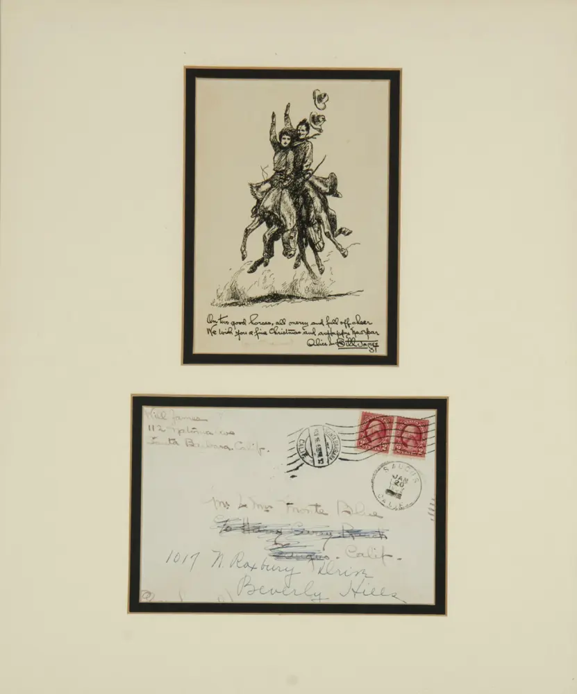 Framed black‑and‑white sketch of two riders on a horse with raised arms, mounted on a beige gallery wall.