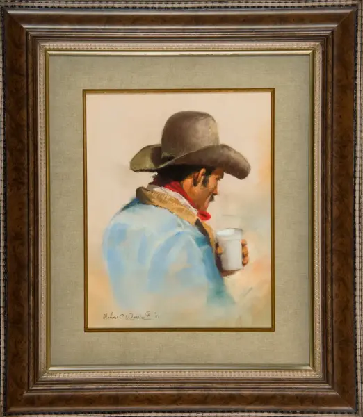 Profile view of a man in a wide-brimmed hat wearing a blue jacket and red scarf, holding a white cup, depicted in a framed painting.
