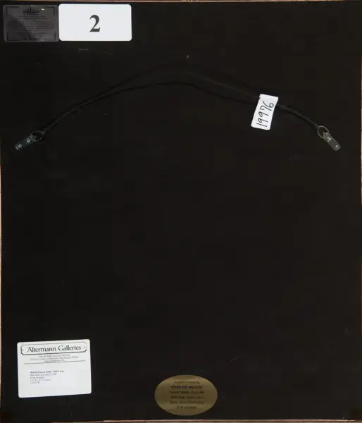 Back of a framed artwork showing hanging wire, two metal hooks, and several gallery labels in corners.