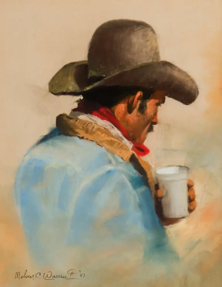 Impressionist painting of a man in a wide-brimmed hat, blue shirt, red scarf, holding a white cup in profile view.