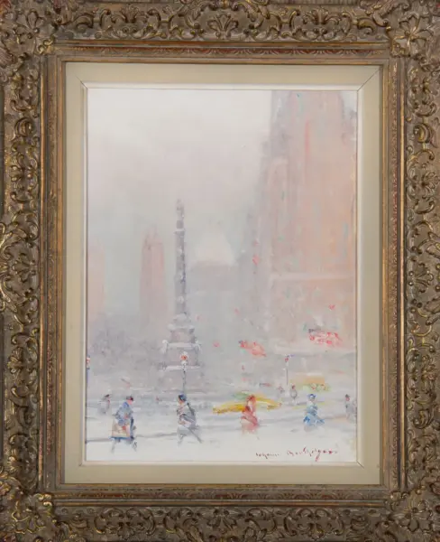 Framed impressionistic painting of a snowy city street with pedestrians and a distant tower; ornate gold frame.